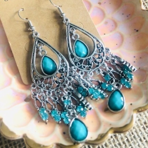 Boho Vintage Inspired Silver Tone Faux Turquoise Chandelier Drop Earrings - Picture 2 of 7
